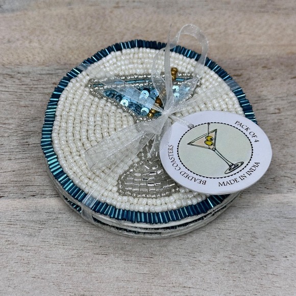 Other - Handmade Beaded Martini Coaster Set Teal White Glass Bead Barware Decor